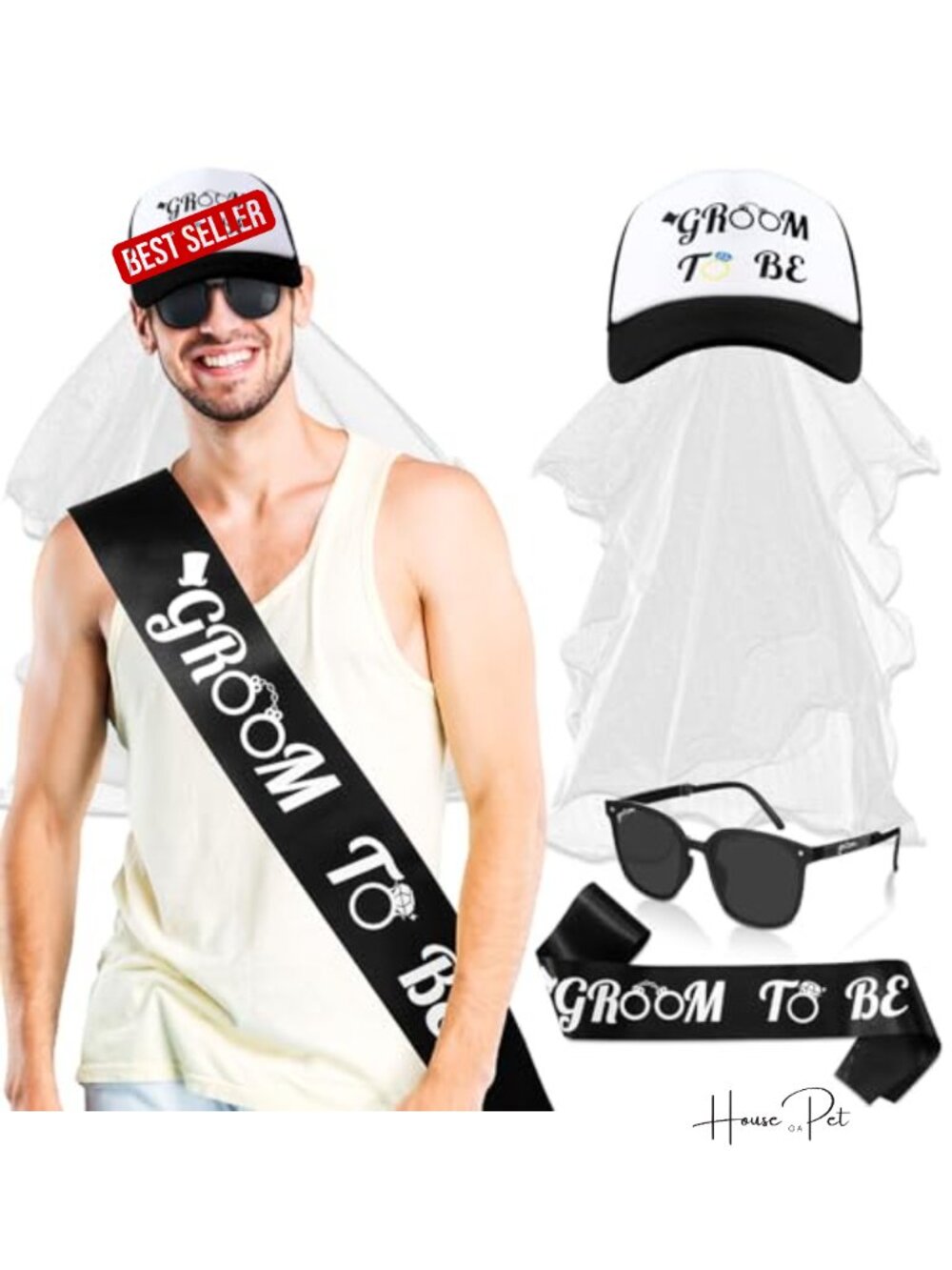 Bachelor Party Accessory Kit with Hat, Veil, Sash, Sunglasses